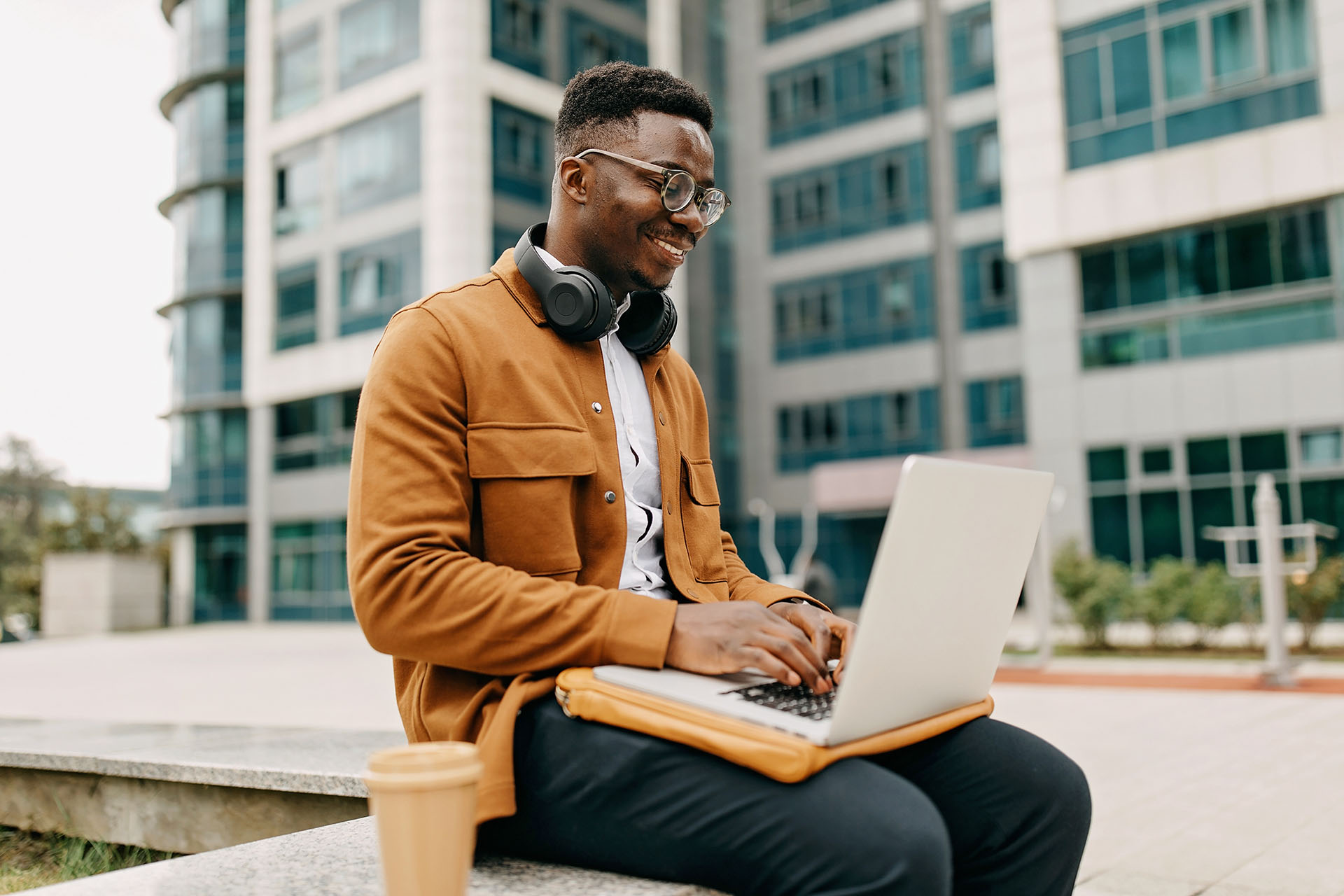 Businessman working while on brake